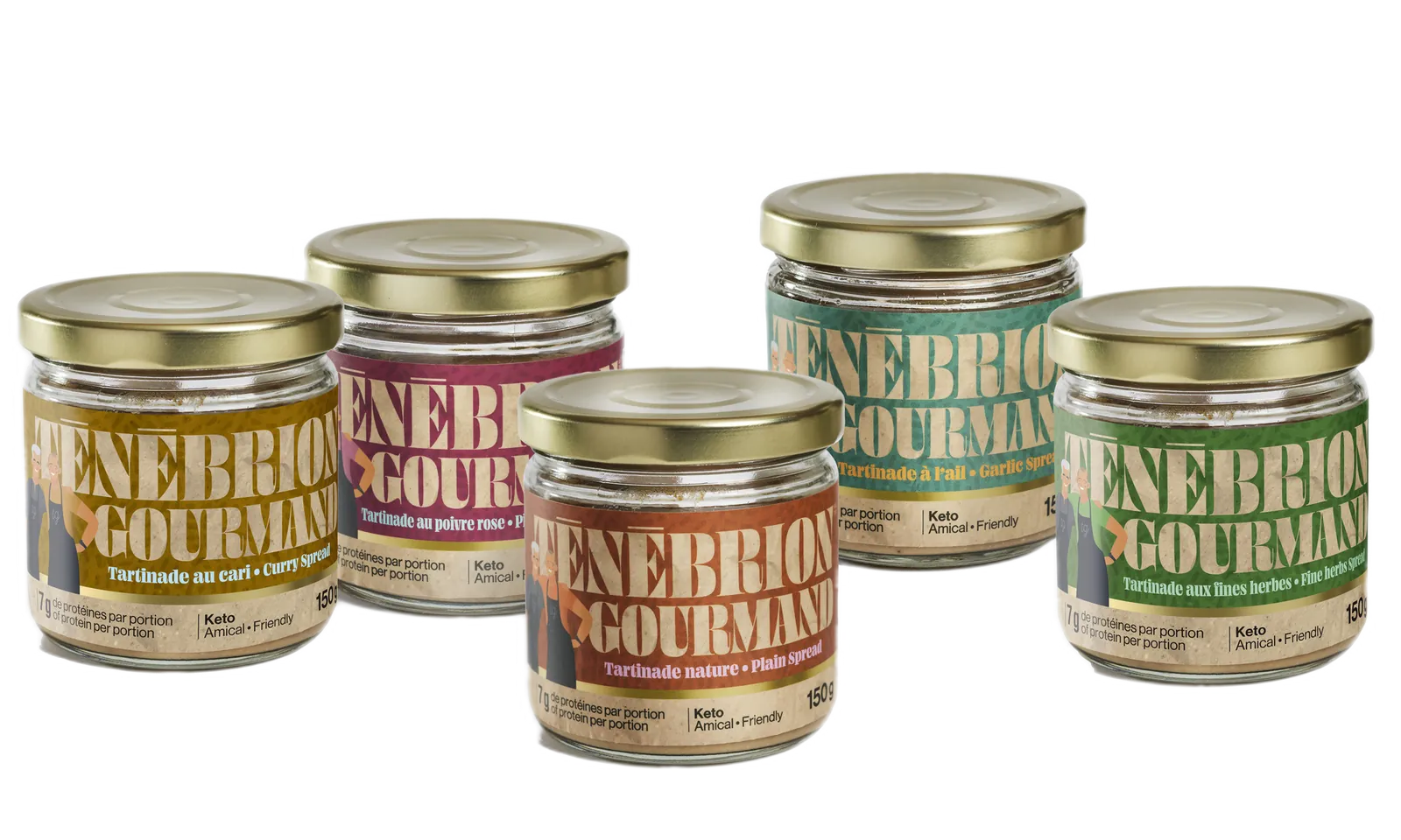 Les cinq pots de tartinade TÉNÉBRION GOURMAND : cari, poivre rose, nature, ail et fines herbes